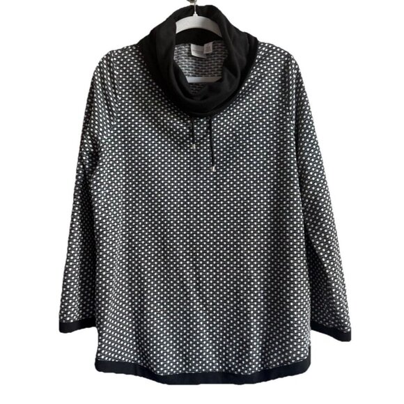 Chico’s Weekend Cowl Neck Top Black Gray Dot Long Sleeve Women’s Size 2 - Picture 1 of 14